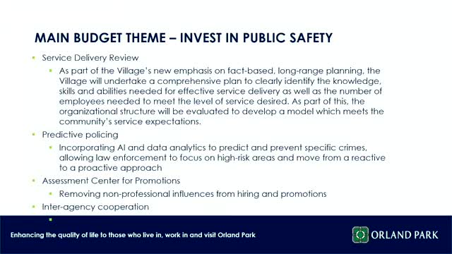 Orland Park budget funds service‑delivery review, user‑fee study, comp‑plan updates and feasibility studies