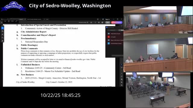 Sedro‑Woolley council adopts new community center rules, updates fee schedule and approves $611,000 HB‑1590 award to RJ Group