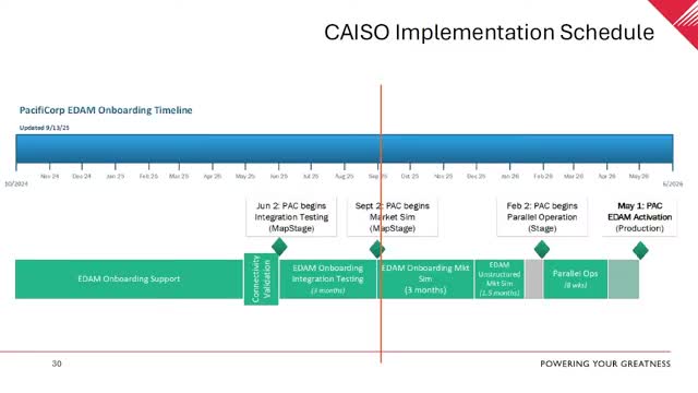 PacifiCorp details EDAM implementation steps: vendor builds, structured testing, eight‑week parallel ops