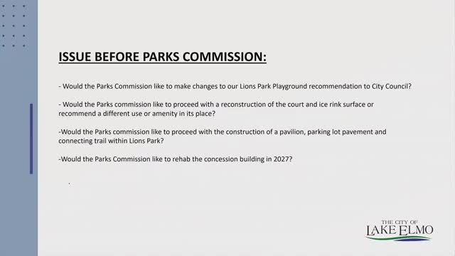 Commission discusses long‑range planning for Lions Park; playground, courts, pavilion and concession stand on CIP