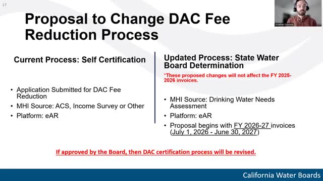 State Water Board says shift from self‑certification to board determination for DAC fee reductions planned for FY2026–27