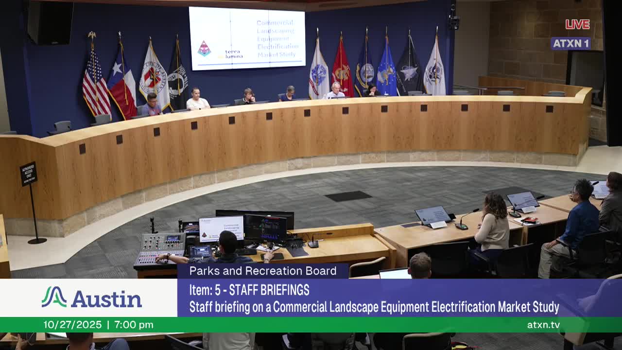 Parks staff present commercial landscaping electrification study and 21–24 month pilot plan; residents raise access, cost and soil management concerns