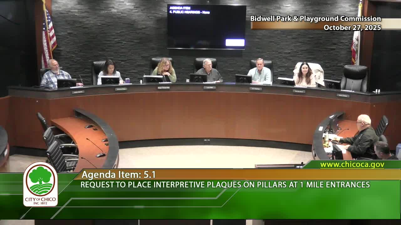 Commission approves moving forward on interpretive plaques for Bidwell Park entrance pillars