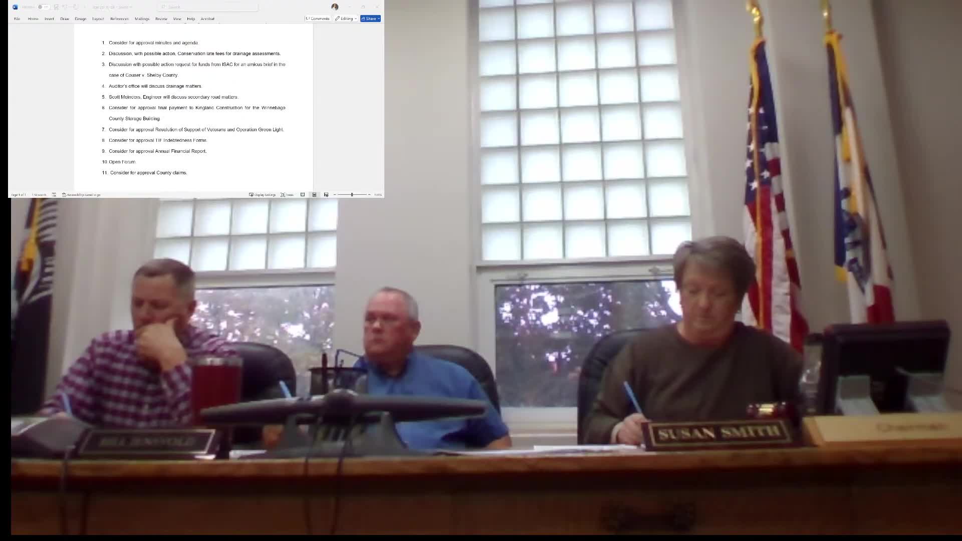 Landowners press supervisors on drainage district cleanups; board discusses options including Conservation Corps river work