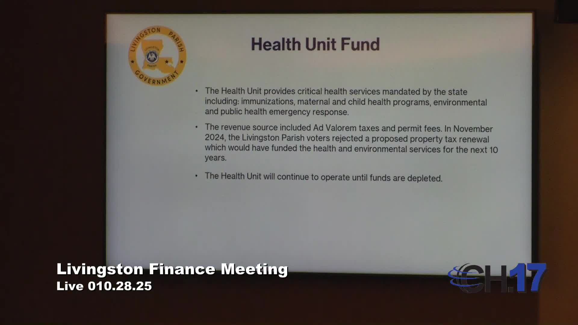 Livingston Parish finance committee reviews 2025 budget amendments, previews 2026 and flags opioid, health-unit and infrastructure items