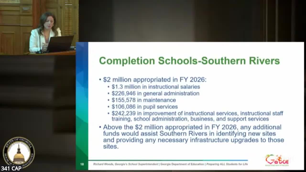 State funds planning for Southern Rivers completion school; site costs and operations remain uncertain