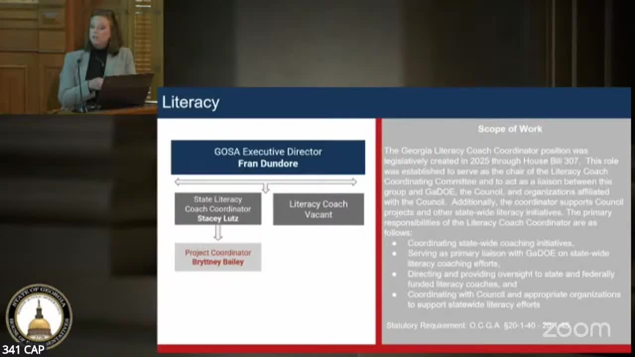 GOSA details literacy contracts, coach funding and Amira screener uptake; metrics and coach competencies next