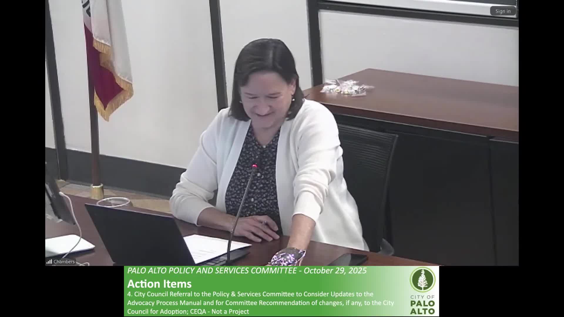 Committee directs staff to update advocacy manual; asks for clearer rules on signatures, sponsorships and council coordination