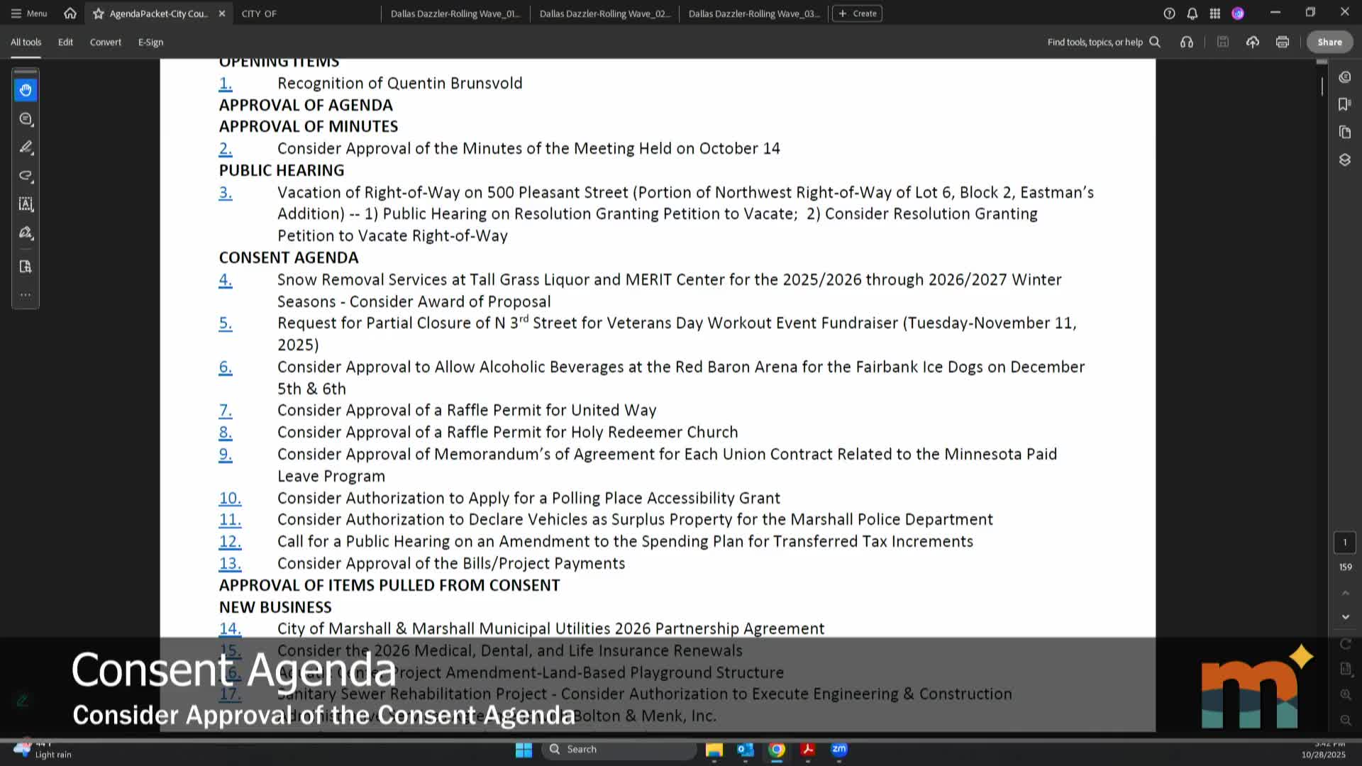 Council approves consent agenda covering contracts, permits and grant actions