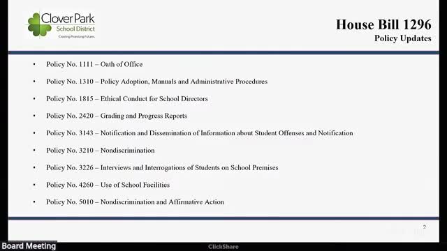 Board reviews wide-ranging policy updates tied to state bills and OSPI rule changes, including major discipline rule revisions