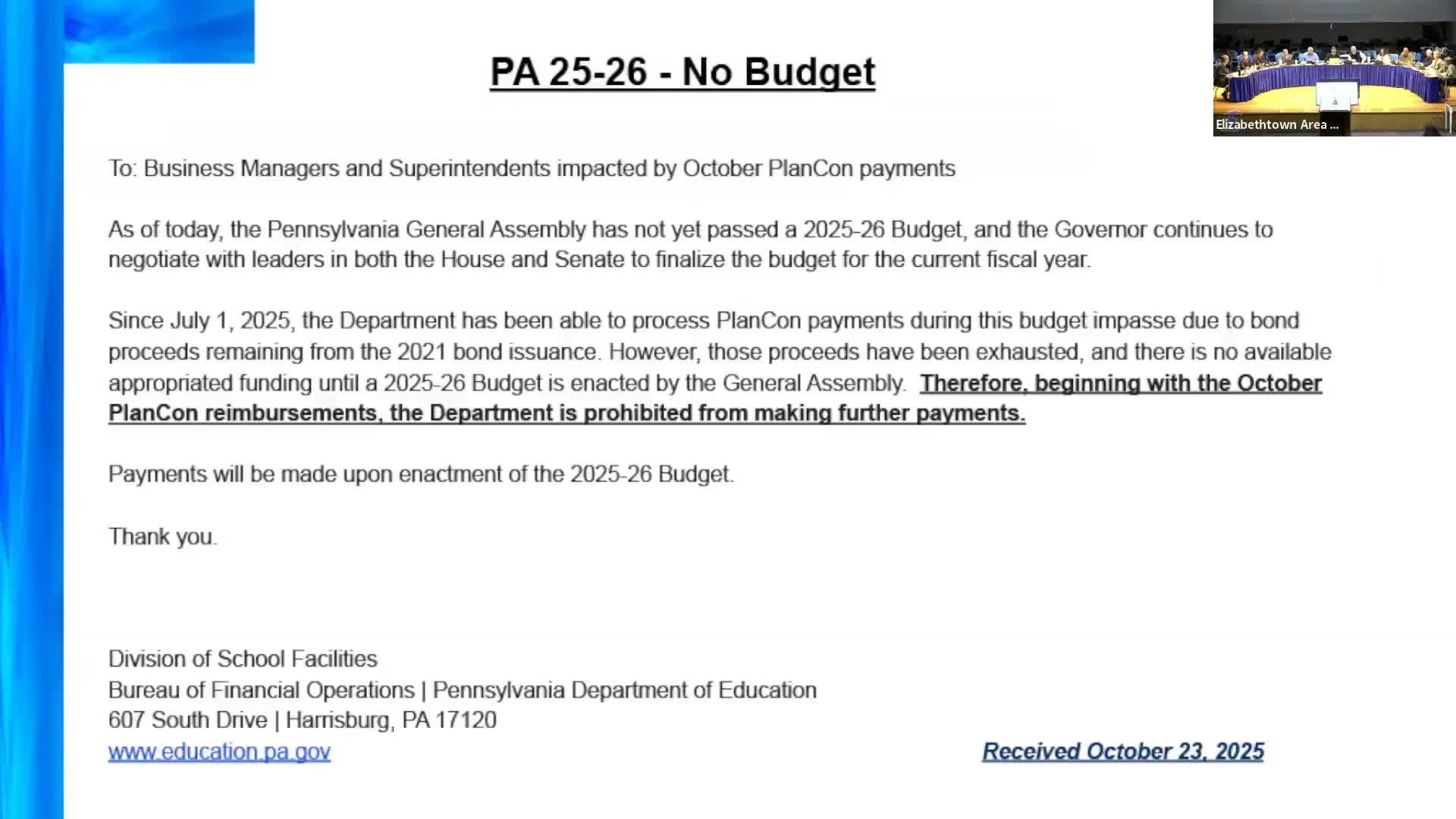 Elizabethtown Area SD warns of cash strain as state budget impasse holds back reimbursements