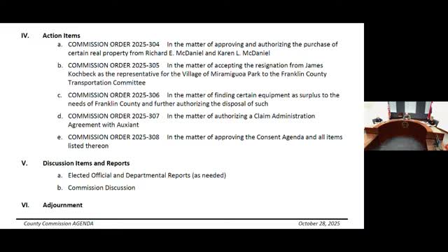 Franklin County commissioners approve right-of-way purchase, accept resignation, declare surplus equipment and renew health-insurance agreement