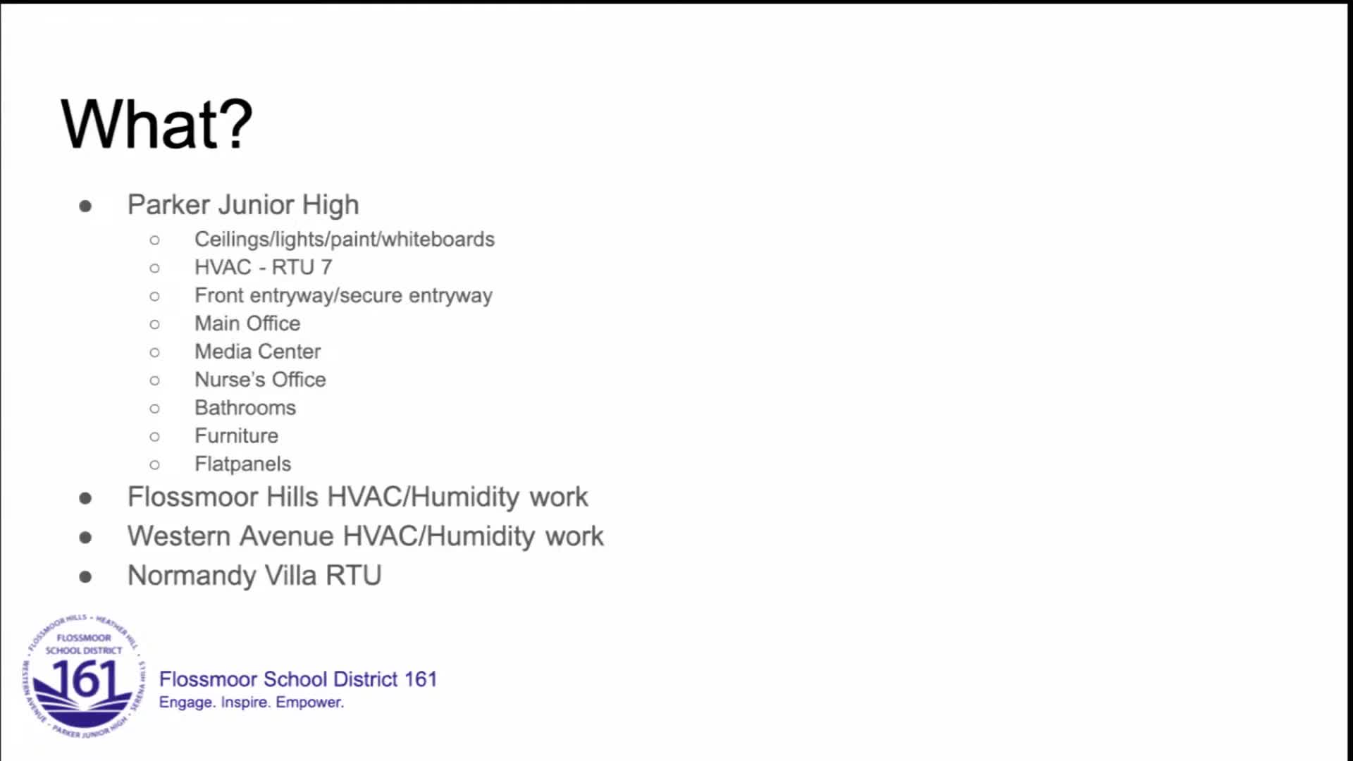 Board reviews Parker Junior High refresh and Flossmoor Hills humidity fixes; engineering and costs remain uncertain