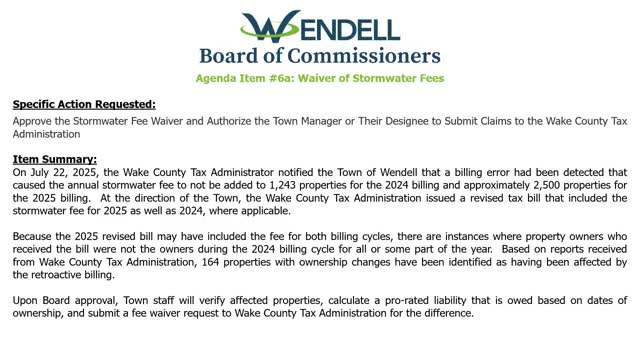 Wendell board approves prorated stormwater fee waivers after Wake County billing error