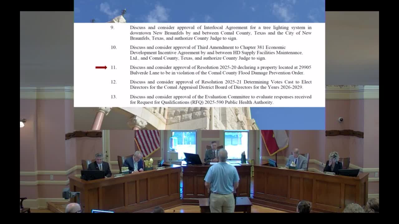 Comal County adopts resolution declaring Bulverde Lane property in violation of county floodplain order; FEMA insurance consequences explained