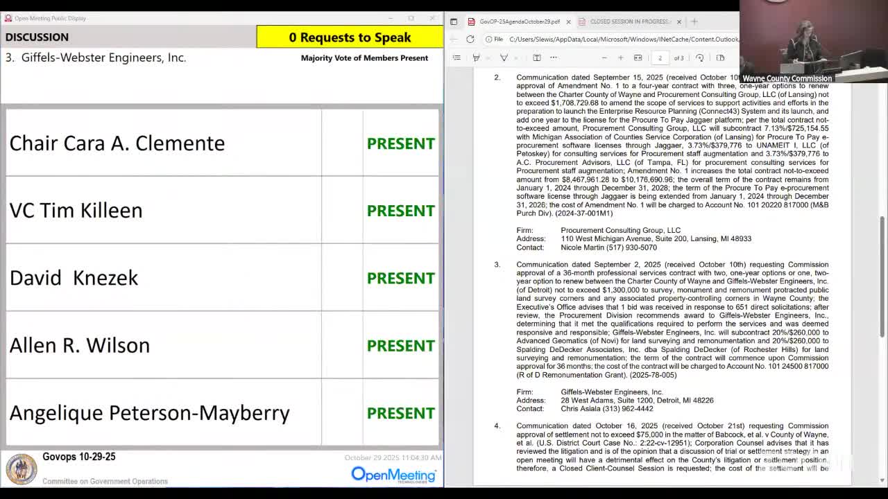 Wayne County approves 36‑month contract with Giffels Webster to survey and remonument corners