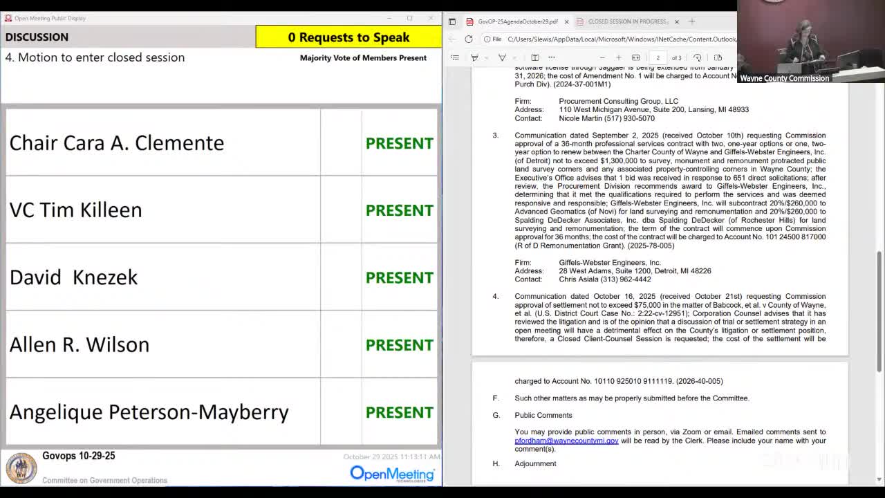 Commission enters closed session and later records motion carried on Babcock v. County of Wayne settlement