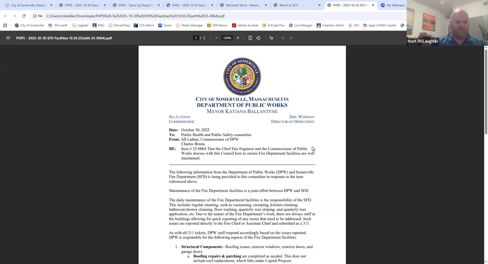 Somerville staff outline DPW/firehouse maintenance roles; council requests ticket data for follow-up