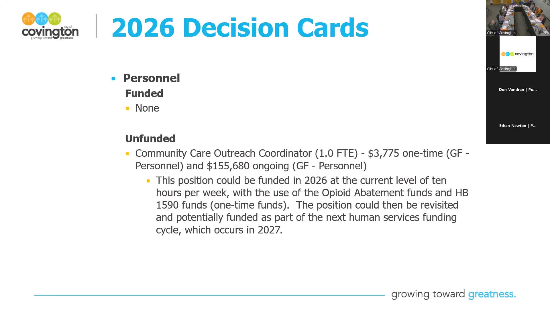 Covington council backs one‑year funding to keep part‑time community care navigator
