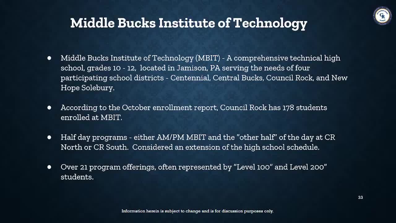 Council Rock reports 178 students enrolled at regional MBIT CTE center; district highlights space and funding dynamics