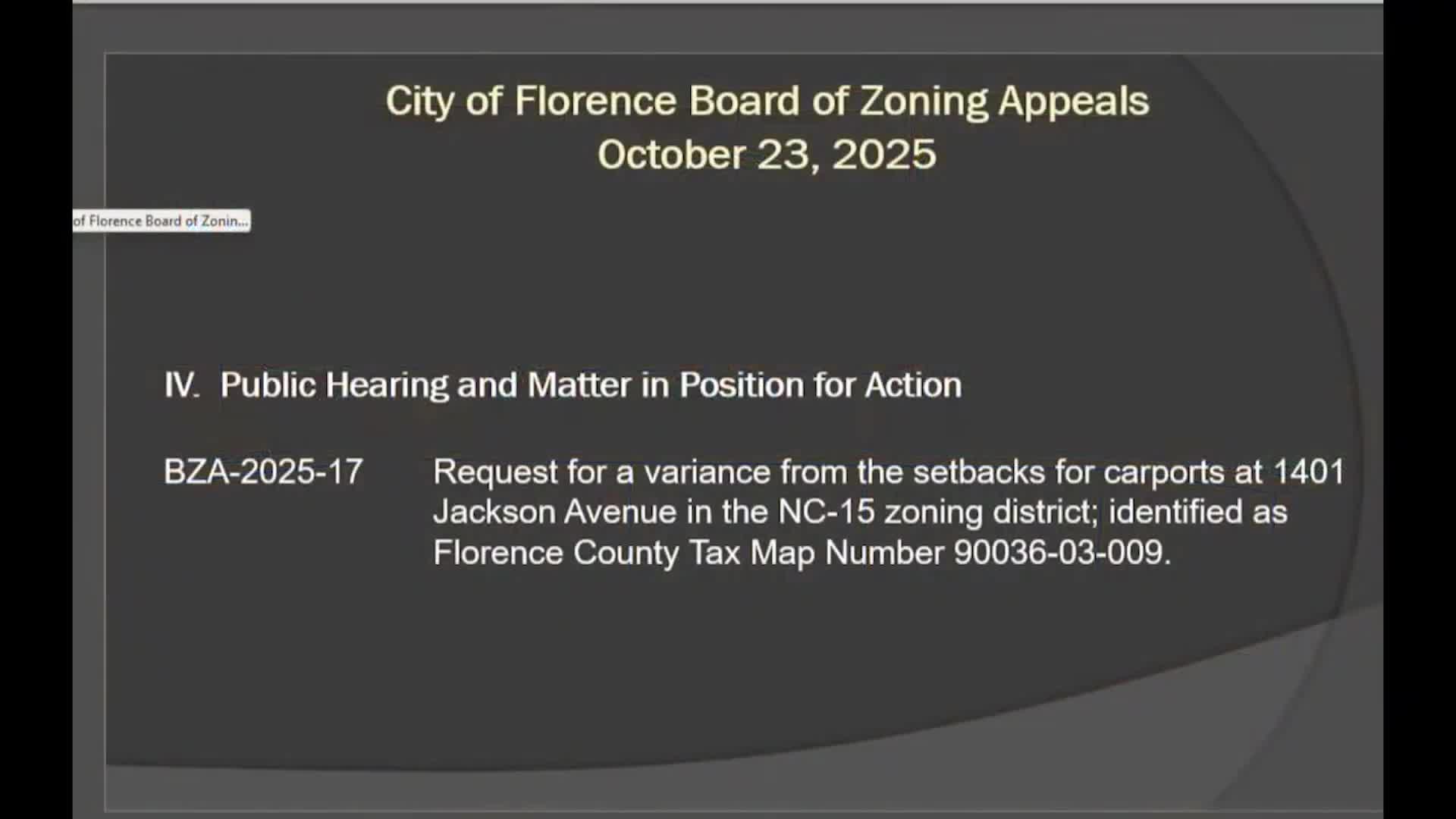 Board grants variance to allow carport at 1401 Jackson Avenue, citing corner‑lot constraints