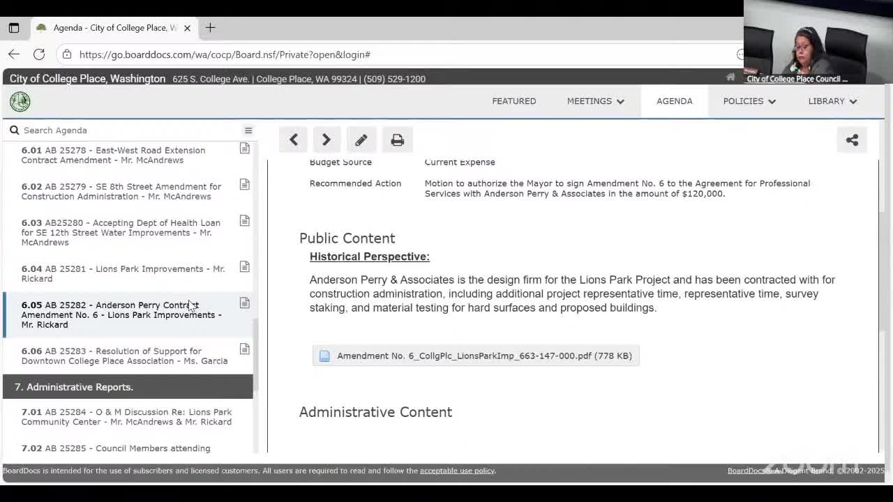 Council tables $180,000 Lions Park change order, approves $120,000 amendment for closeout work and begins operations planning