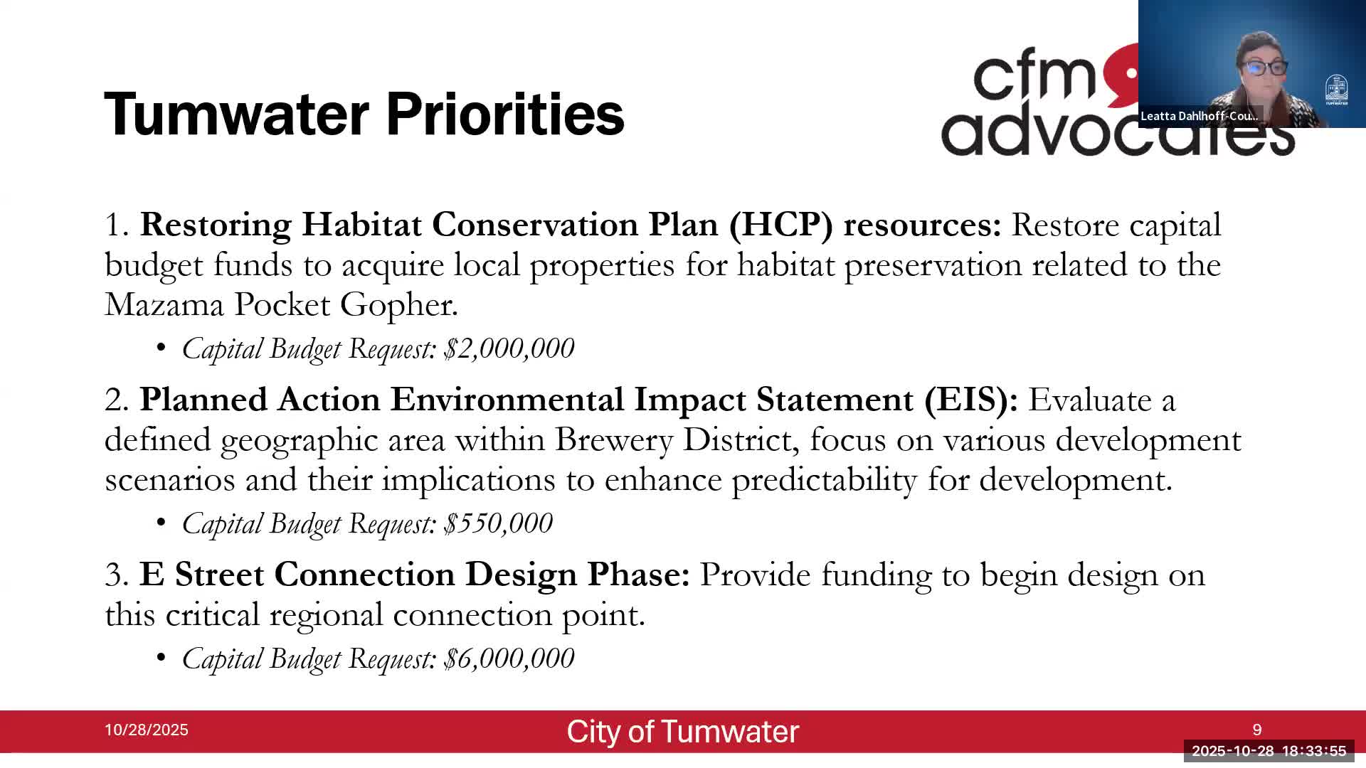 Tumwater pushes Legislature to restore $2M for HCP, seeks $550K EIS and design funding amid tight 2026 budget