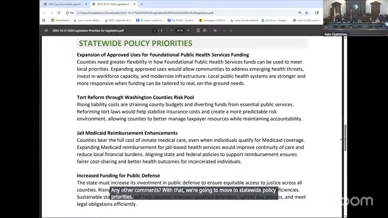 Lewis County outlines policy priorities: foundational public‑health flexibility, tort reform, jail medical reimbursement and public defense funding