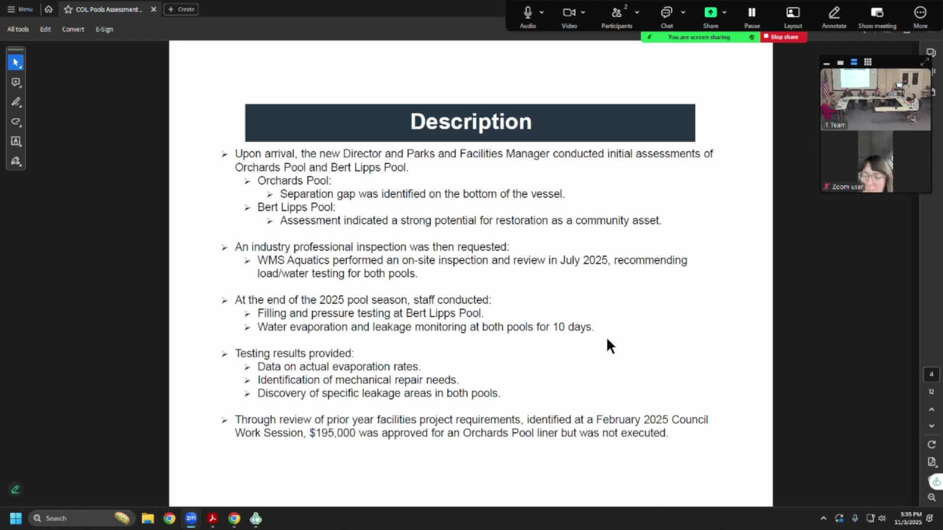 Lewiston staff seek funding to repair Burt Lips and Orchards pools after leak tests; council asks for formal cost proposals