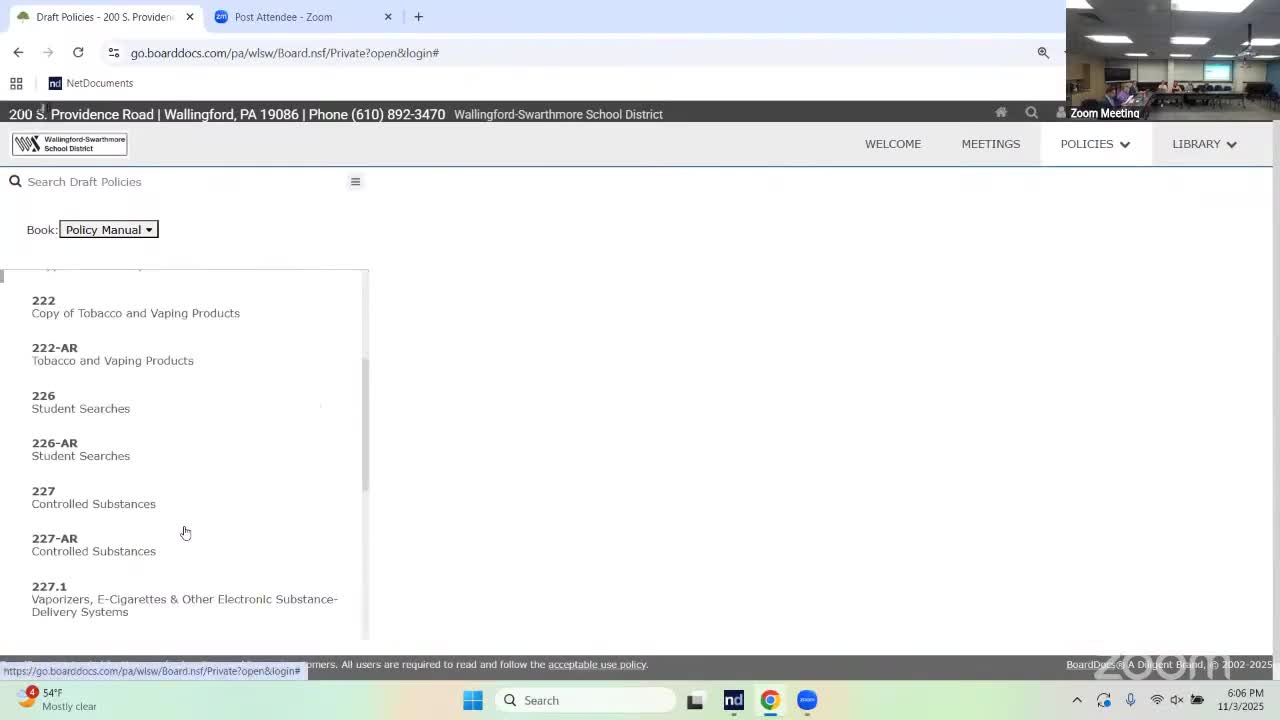Committee reviews student-search and controlled-substances policy revisions; staff to tidy language