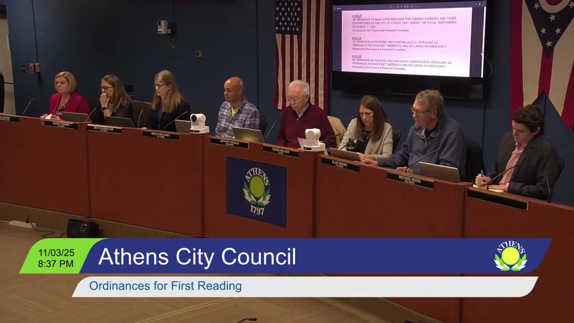 Athens council holds first readings on 2026 staffing and benefits ordinances; debates emergency ChargePoint payment