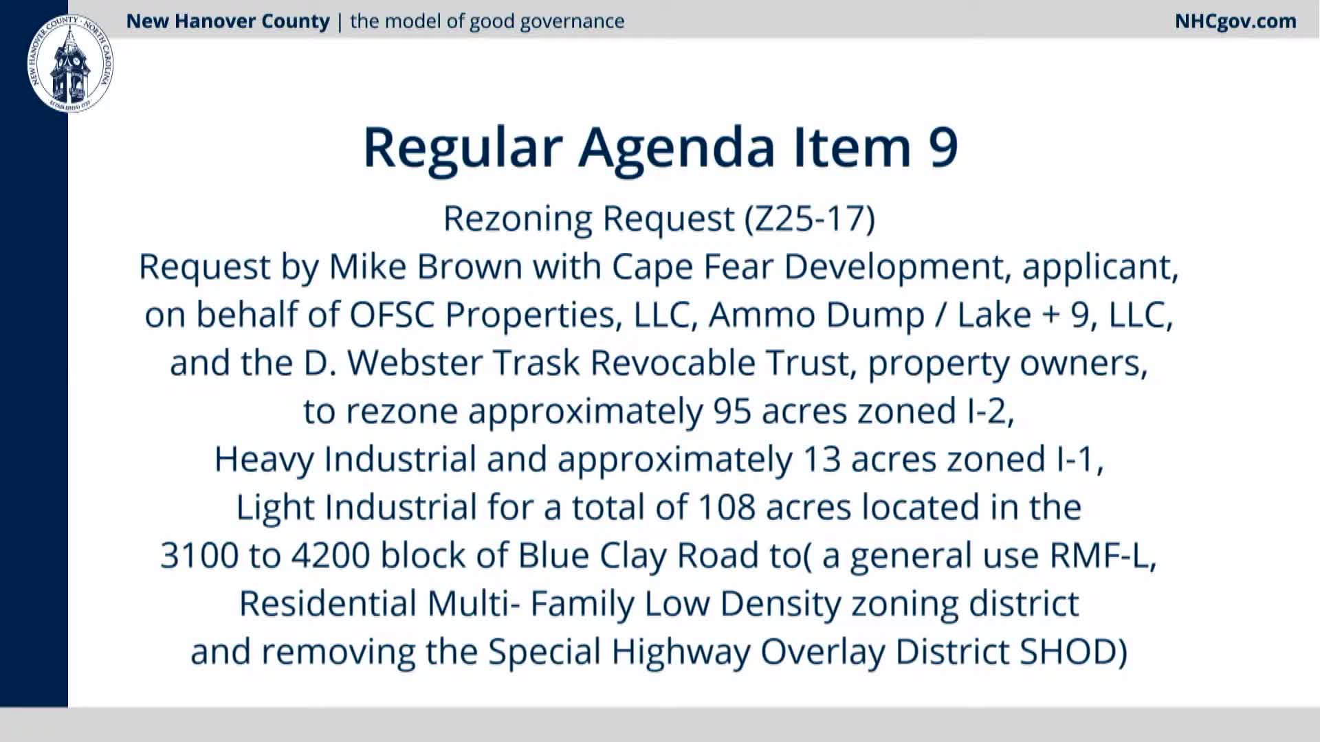 Board approves straight rezoning of 108 acres on Blue Clay Road to residential multifamily low‑density