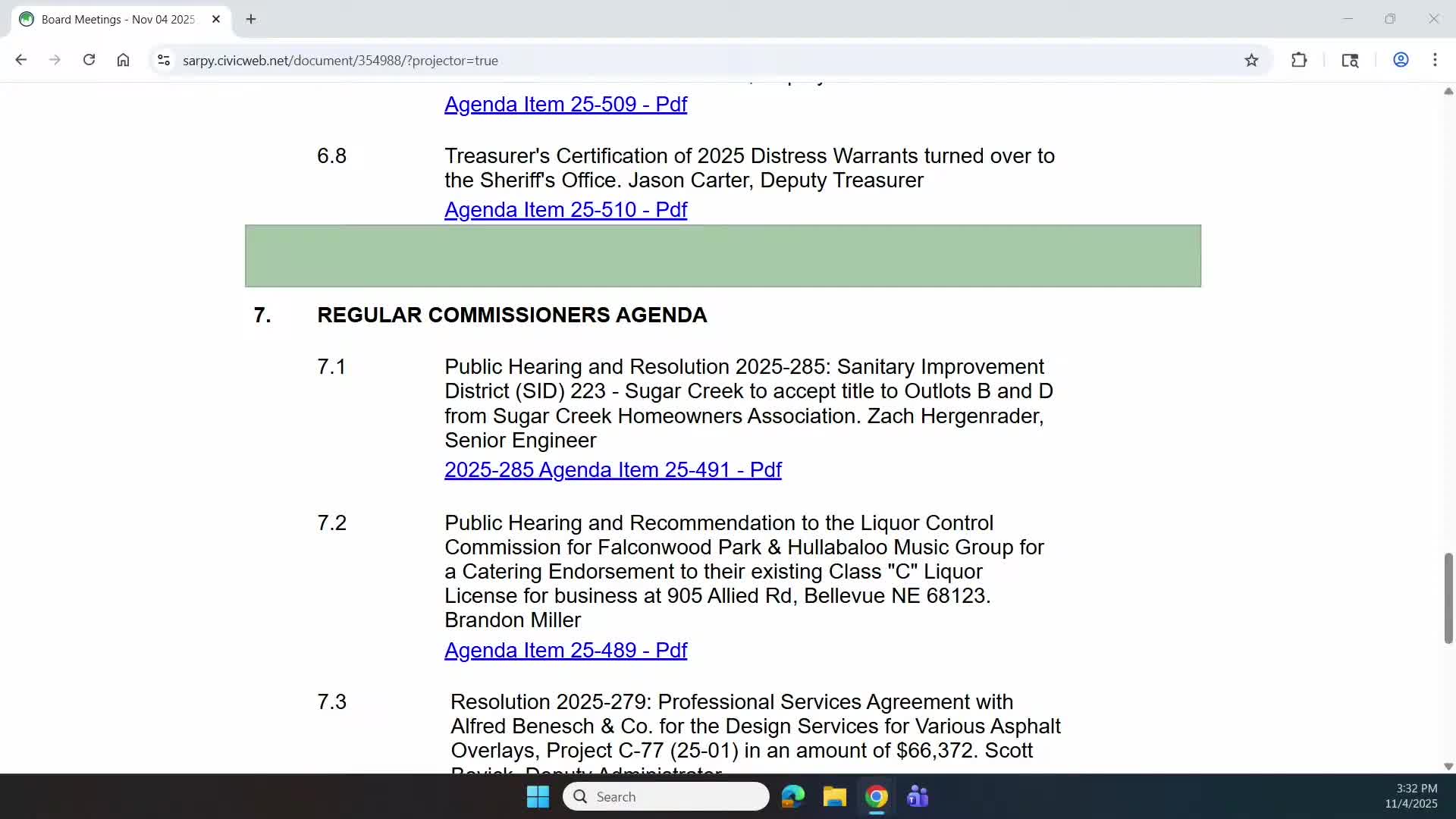 Sarpy County commissioners approve SID transfer, catering endorsement recommendation, asphalt design contract, legislative policy update and 2026 benefits renew