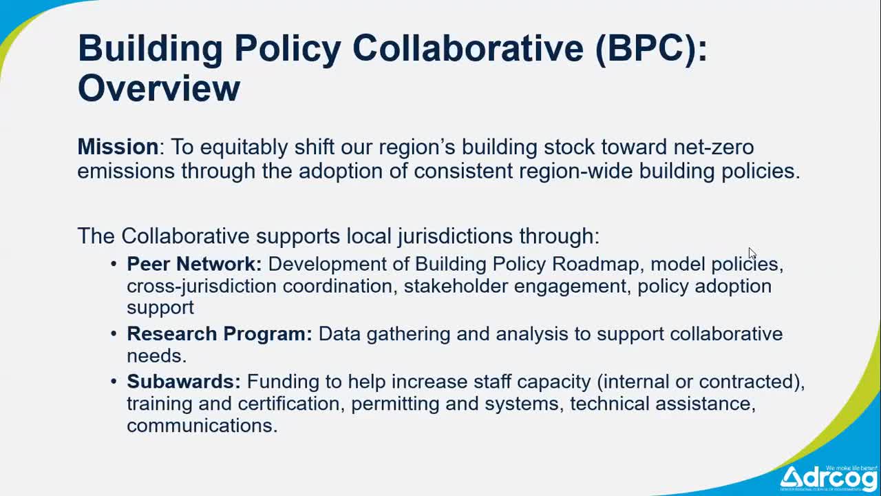 Building Policy Collaborative obligates $25.95M in subawards; staff preview competitive Round 2 with equity and innovation goals