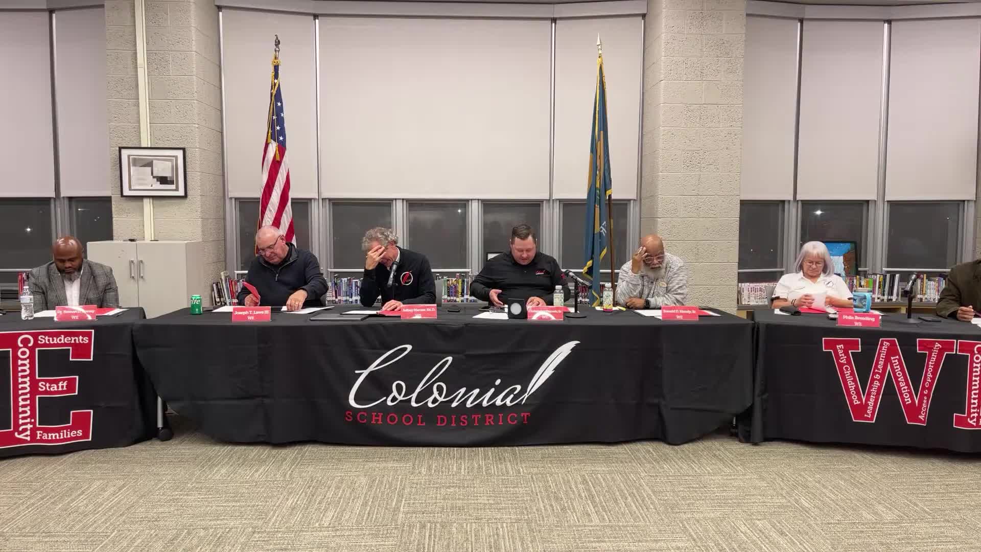 Colonial School Board approves class‑size waiver, extends waste‑management contract