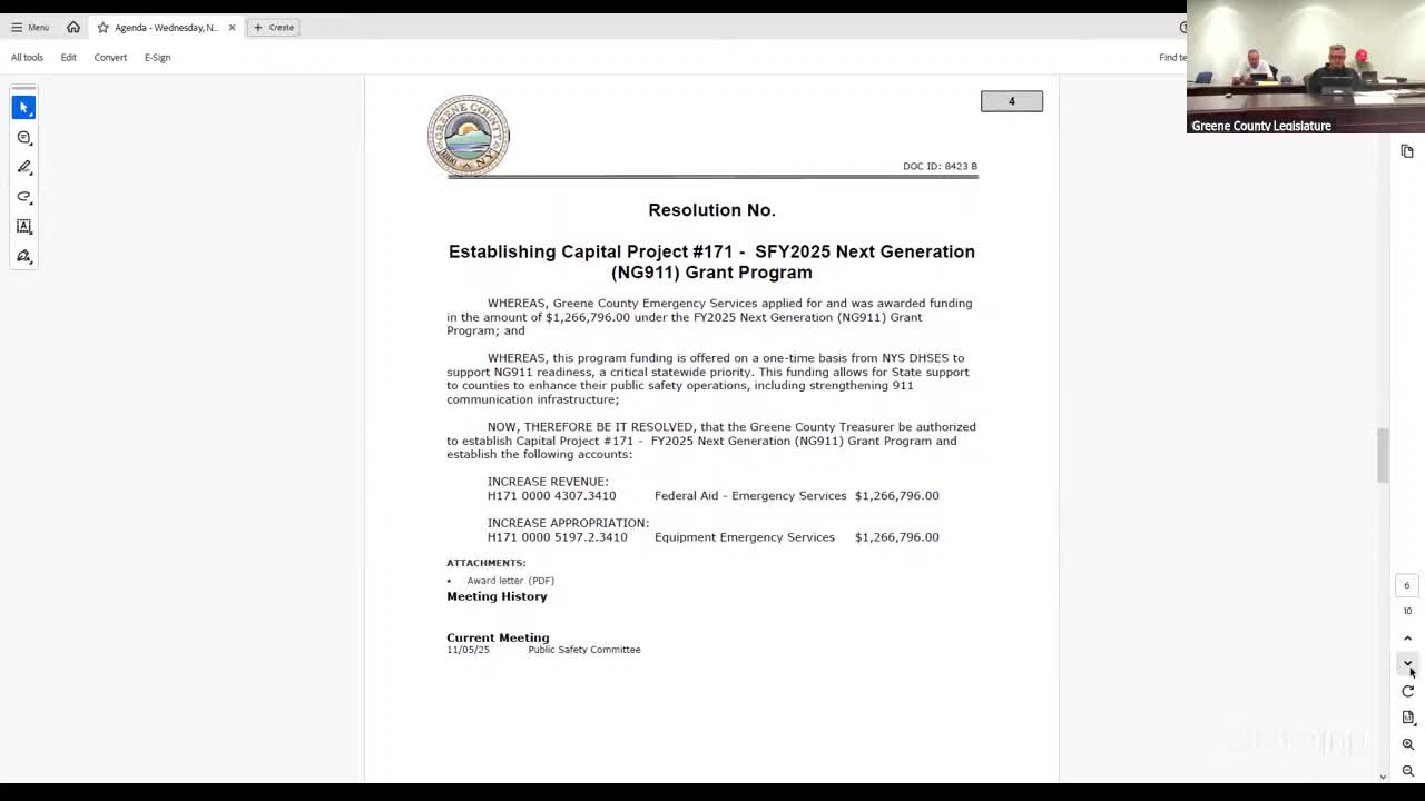 Votes at a glance: Greene County carries multiple routine resolutions, establishes NG‑911 and technical‑rescue capital projects