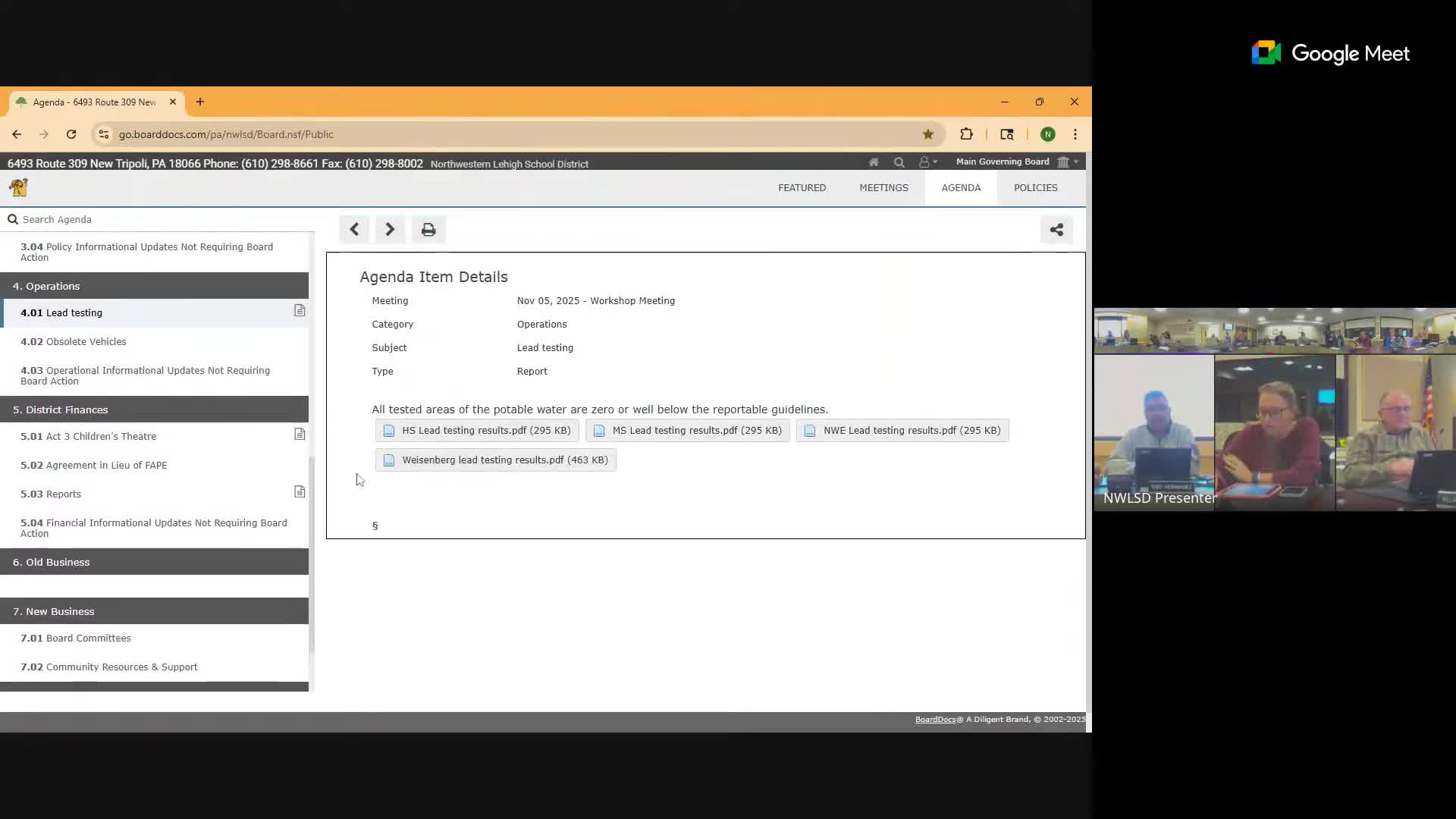 District reports clean lead-test results, surplus vehicles list and stronger tax collections