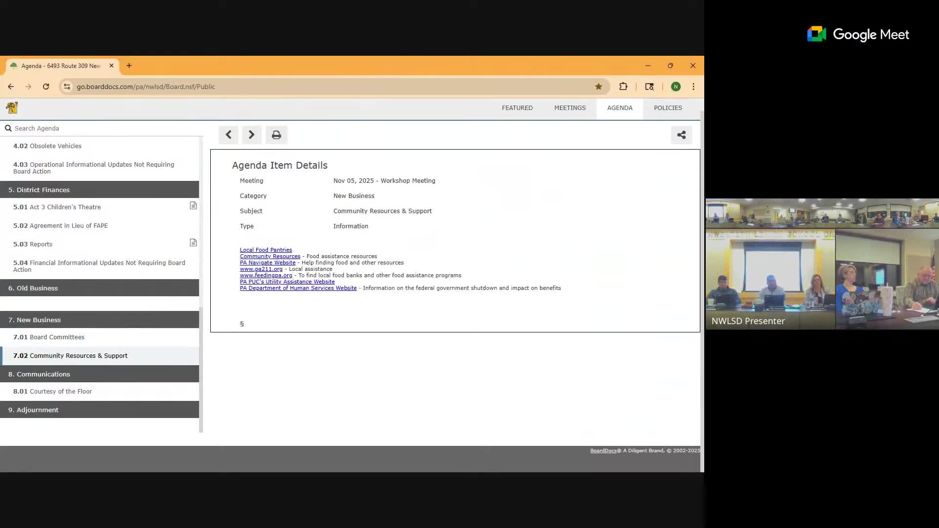District sends families resource list, reminds community breakfast remains free; several items set for action at next meeting