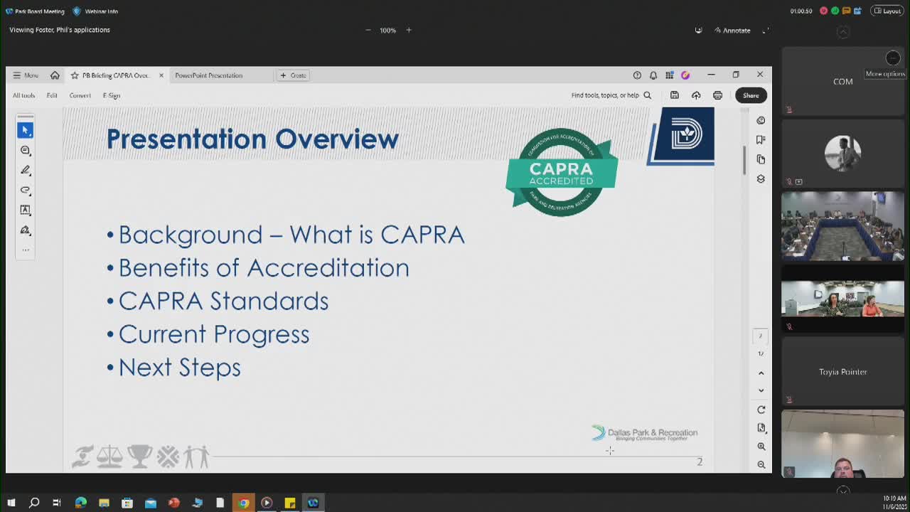 Dallas Parks staff outline CAPRA reaccreditation timeline and standards, plan January 2026 submission