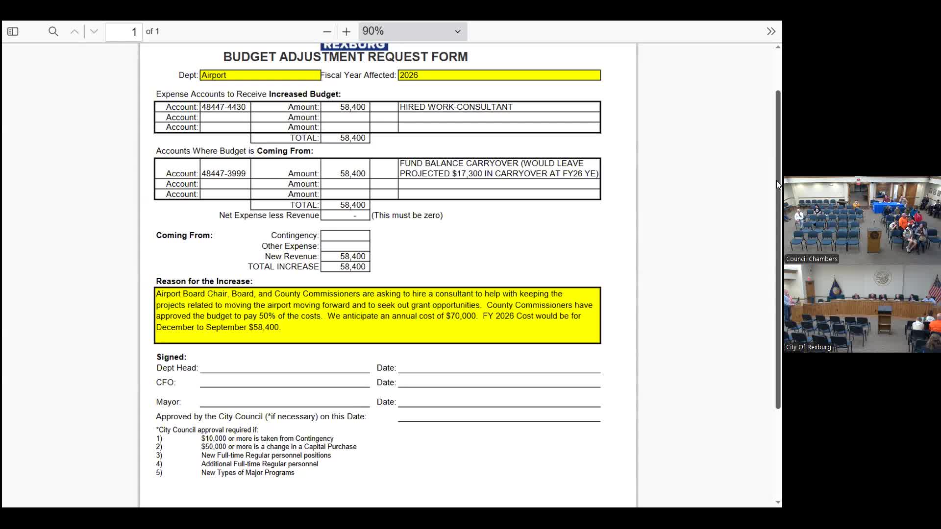 Rexburg council approves one‑year budget for airport relocation consultant