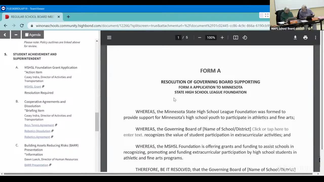 Board approves resolution to apply for Minnesota State High School League Foundation support for activity fees