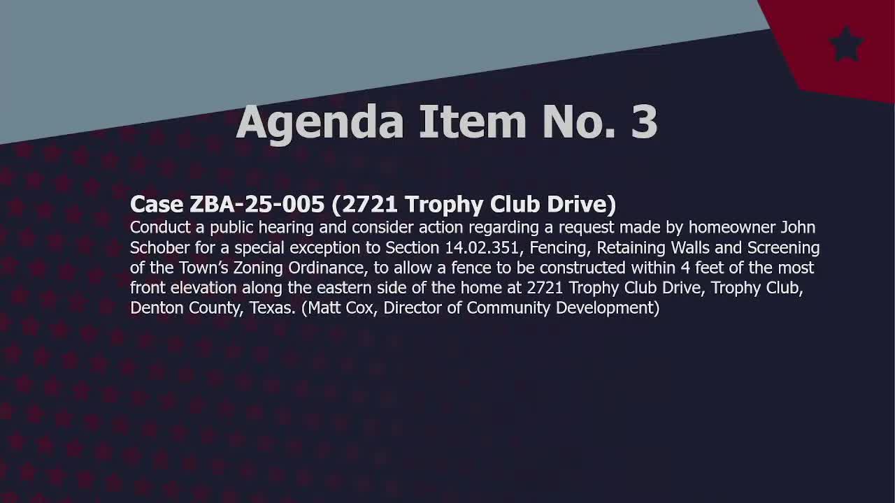 Trophy Club ZBA’s motion to deny homeowner’s fence variance fails; no final action recorded