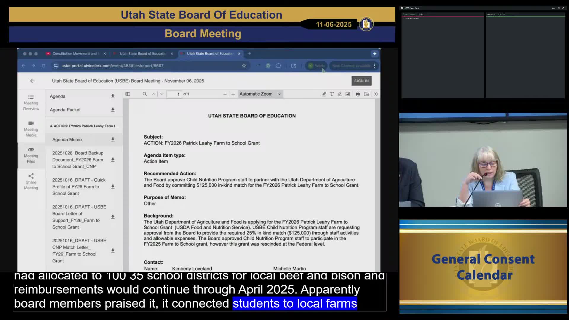 Board approves USBE partnership to apply for federal Farm-to-School grant with 25% in‑kind match