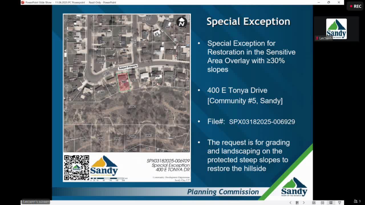 Planning commission approves slope restoration special exception at 400 E. Tanya Drive with engineering review