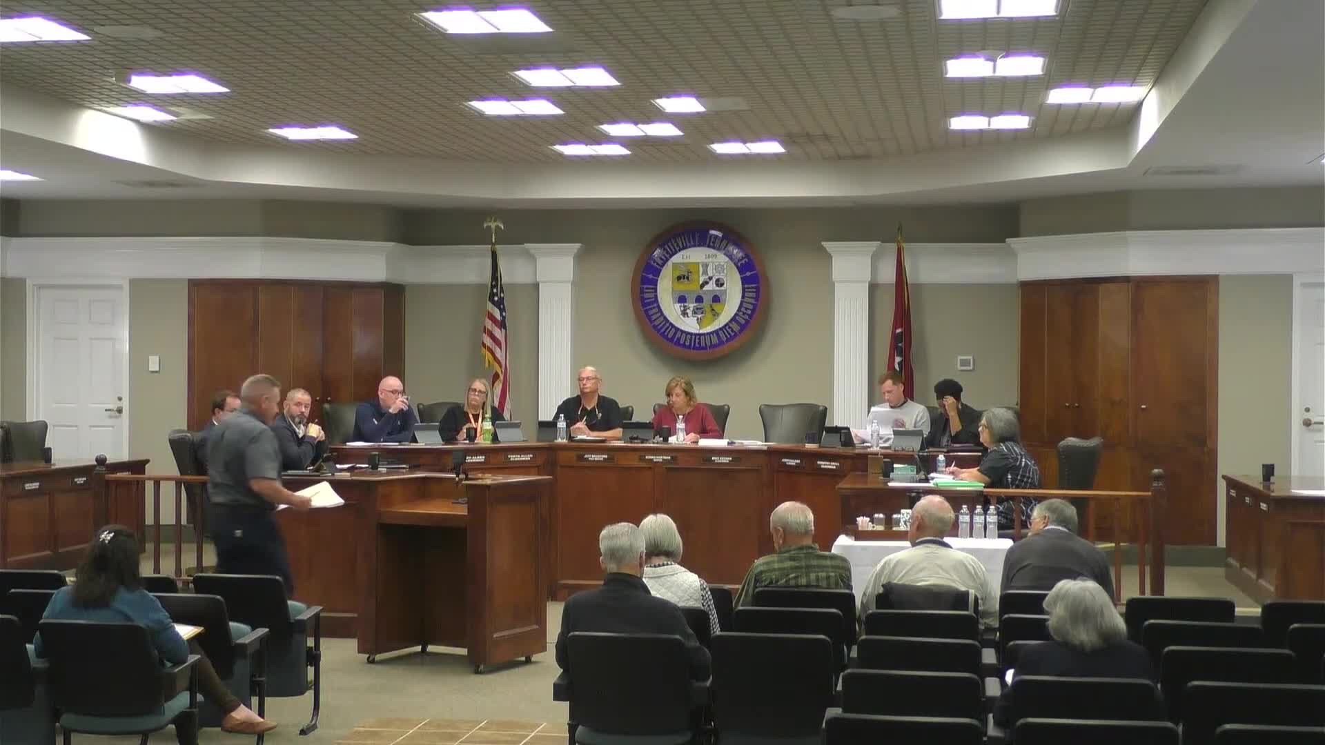 Fayetteville hears technical review of quarry blasting and risks to Winchester Highway water tank; land-sale proposal moved toward council