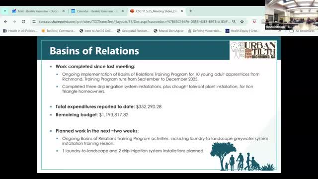 Community groups report tree planting, gardens and youth workshops; funding and balances presented