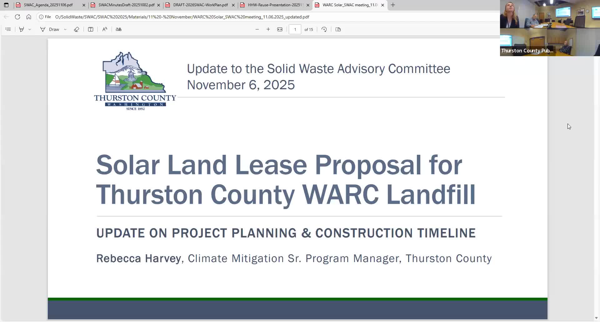 County staff and EDF renewables advance lease talks for 3 MW solar project at Wark landfill