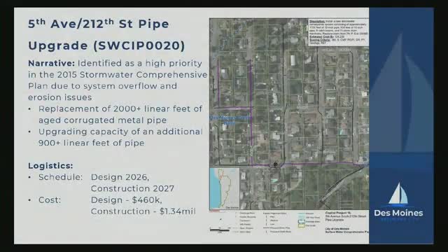 Des Moines advances pipe replacements and estuary design; $16.5 million construction placeholder expected to seek grants