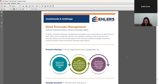 Ehlers presents debt‑proceeds investment plan; committee raises fee and arbitrage concerns