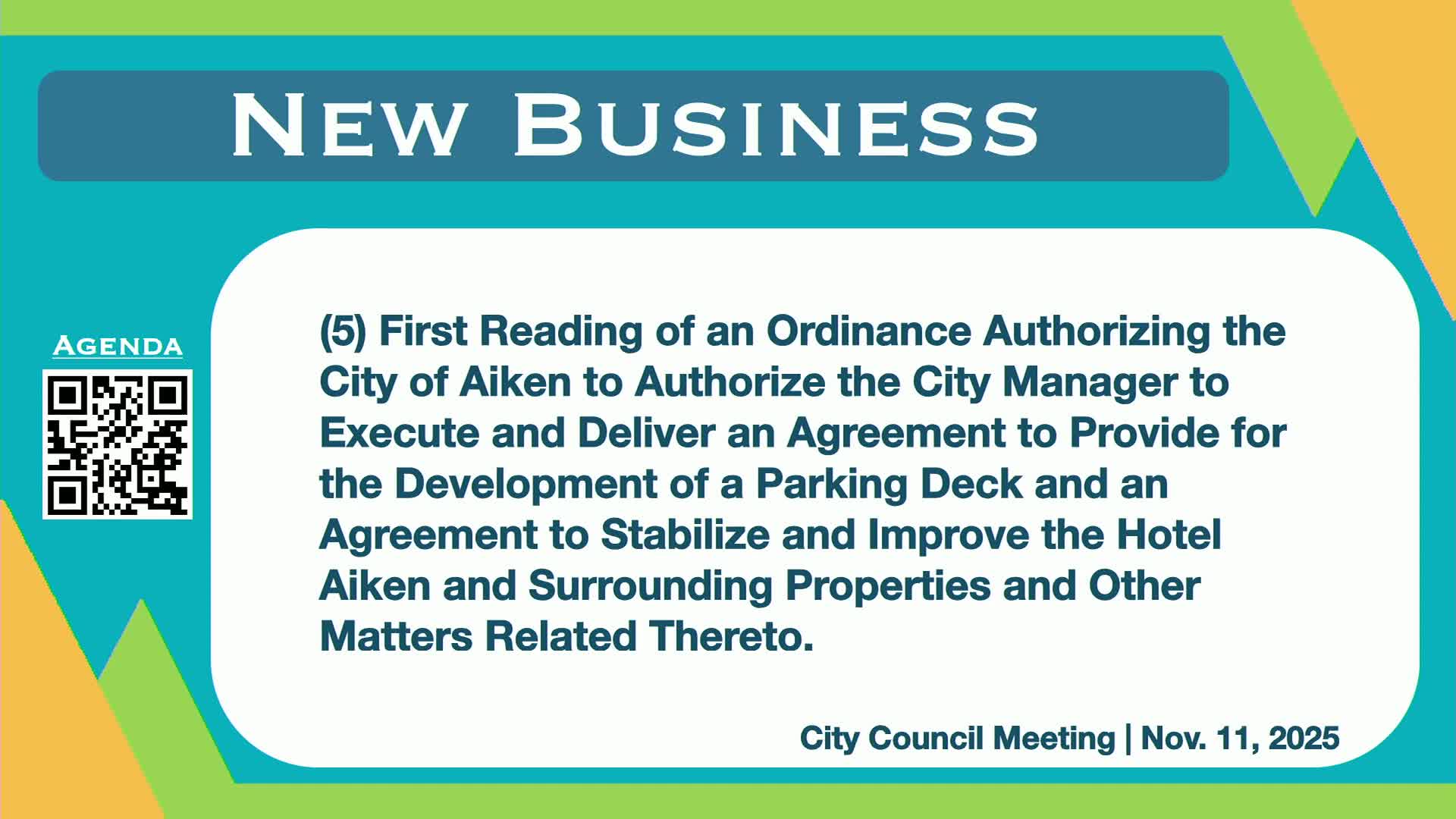 Council gives first reading to Hotel Aiken development agreement and proposed city‑owned parking deck